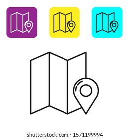 Black line Folded map with location marker icon isolated on white background. Set icons colorful square buttons. Vector Illustration