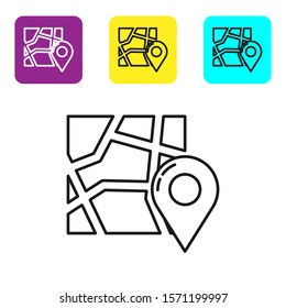 Black line Folded map with location marker icon isolated on white background. Set icons colorful square buttons. Vector Illustration