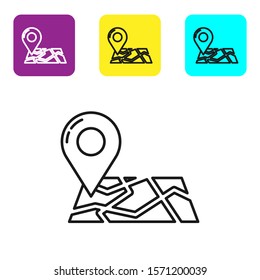 Black line Folded map with location marker icon isolated on white background. Set icons colorful square buttons. Vector Illustration