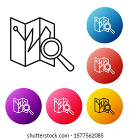 Black line Folded map with location marker icon isolated on white background. Set icons colorful circle buttons. Vector Illustration