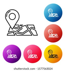 Black line Folded map with location marker icon isolated on white background. Set icons colorful circle buttons. Vector Illustration