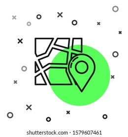 Black line Folded map with location marker icon isolated on white background.  Vector Illustration