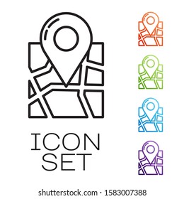 Black line Folded map with location marker icon isolated on white background. Set icons colorful. Vector Illustration