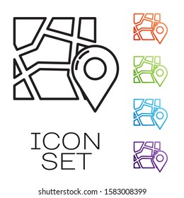 Black line Folded map with location marker icon isolated on white background. Set icons colorful. Vector Illustration