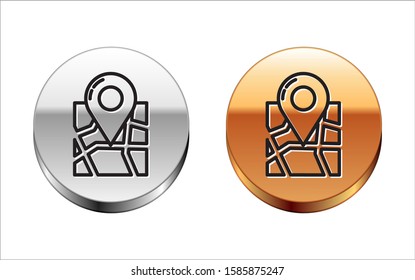 Black line Folded map with location marker icon isolated on white background. Silver-gold circle button. Vector Illustration