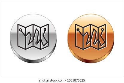 Black line Folded map with location marker icon isolated on white background. Silver-gold circle button. Vector Illustration