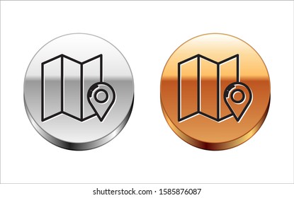 Black line Folded map with location marker icon isolated on white background. Silver-gold circle button. Vector Illustration
