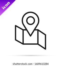 Black line Folded map with location marker icon isolated on white background.  Vector Illustration