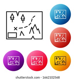 Mapa plegado de línea negra con icono de marcador de posición aislado en fondo blanco. Establezca los iconos de los botones de círculo coloridos. Ilustración vectorial