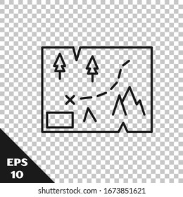 Mapa plegado de línea negra con icono de marcador de ubicación aislado en fondo transparente.  Ilustración vectorial