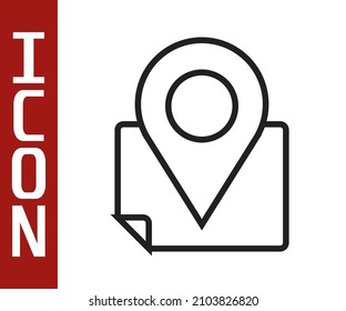 Black line Folded map with location marker icon isolated on white background.  Vector