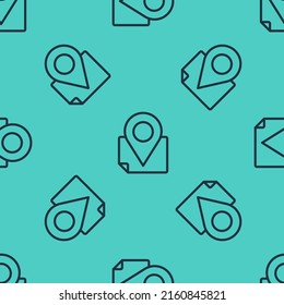 Black line Folded map with location marker icon isolated seamless pattern on green background.  Vector