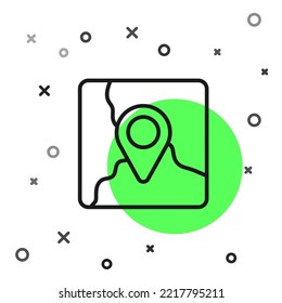 Black line Folded map with location marker icon isolated on white background.  Vector