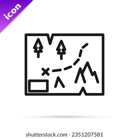 Black line Folded map with location marker icon isolated on white background.  Vector Illustration