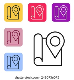 Black line Folded map with location marker icon isolated on white background. Set icons in color square buttons. Vector