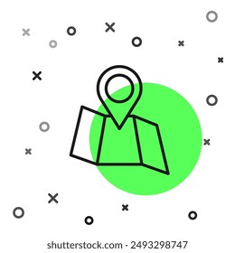 Línea negra Mapa plegado con icono de marcador de ubicación aislado sobre fondo blanco.  Vector