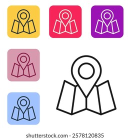 Black line Folded map with location marker icon isolated on white background. Set icons in color square buttons. Vector