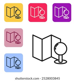 Linha preta Mapa dobrado com ícone de pino de empurrar isolado no fundo branco. Defina ícones em botões quadrados de cor. Ilustração de vetor