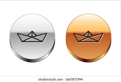 Black line Folded paper boat icon isolated on white background. Origami paper ship. Silver-gold circle button. Vector Illustration