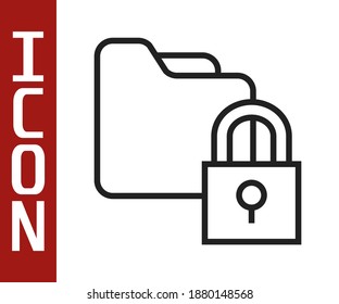 Black line Folder and lock icon isolated on white background. Closed folder and padlock. Security, safety, protection concept.  Vector