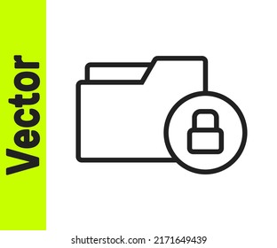 Black line Folder and lock icon isolated on white background. Closed folder and padlock. Security, safety, protection concept.  Vector