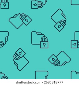 Línea negra Carpeta e icono de bloqueo aislado sin patrón sobre fondo verde. Carpeta cerrada y candado. Seguridad, seguridad, concepto de protección.  Vector