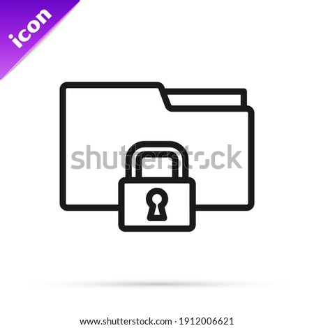 Black line Folder and lock icon isolated on white background. Closed folder and padlock. Security, safety, protection concept.  Vector