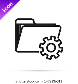 Black line Folder settings with gears icon isolated on white background. Software update, transfer protocol, teamwork tool management.  Vector Illustration