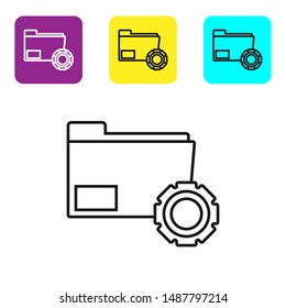 Black line Folder settings with gears icon on white background. Software update, transfer protocol, teamwork tool management, copy process. Set icons colorful square buttons. Vector Illustration
