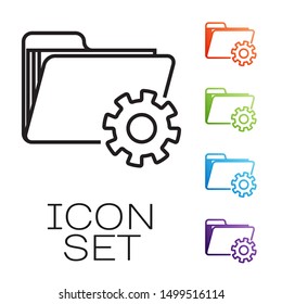 Black line Folder settings with gears icon isolated on white background. Software update, transfer protocol, teamwork tool management. Set icons colorful. Vector Illustration