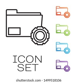 Black line Folder settings with gears icon isolated on white background. Software update, transfer protocol, teamwork tool management, copy process. Set icons colorful. Vector Illustration