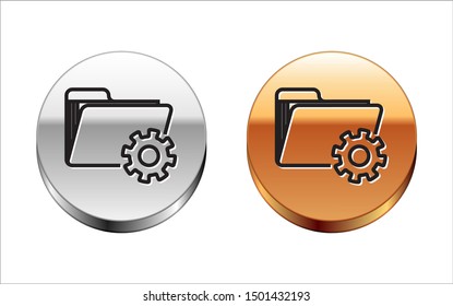 Black line Folder settings with gears icon isolated on white background. Software update, transfer protocol, teamwork tool management. Silver-gold circle button. Vector Illustration
