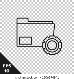 Black line Folder settings with gears icon isolated on transparent background. Software update, transfer protocol, teamwork tool management, copy process.  Vector Illustration