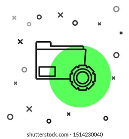 Black line Folder settings with gears icon isolated on white background. Software update, transfer protocol, teamwork tool management, copy process.  Vector Illustration