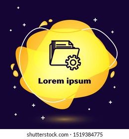 Black line Folder settings with gears icon isolated on dark blue background. Software update, transfer protocol, teamwork tool management. Abstract banner with liquid shapes. Vector Illustration