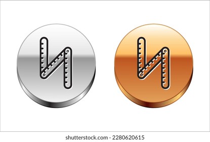Black line Folding ruler icon isolated on white background. Silver-gold circle button. Vector Illustration