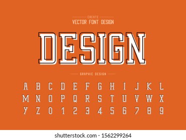 Black line font and alphabet vector with white shadow, Typeface and number design, Graphic text on orange background