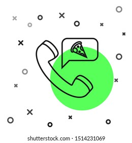 Black line Food ordering pizza icon isolated on white background. Order by mobile phone. Restaurant food delivery concept.  Vector Illustration
