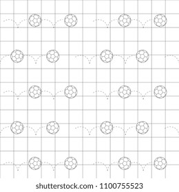 Black line football balls icon over black line grid. Vector illustration. Seamless pattern. Line art. Soccer ball. Football objects.