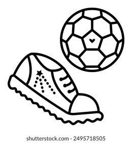 Black line football game icon, sneakers and ball. Vector monochrome illustration, sport accessories, editable stroke