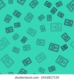 Black line Football or soccer card icon isolated seamless pattern on green background. Collection of football trading cards.  Vector