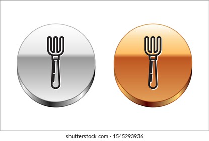 Black line Fork icon isolated on white background. Cutlery symbol. Silver-gold circle button. Vector Illustration