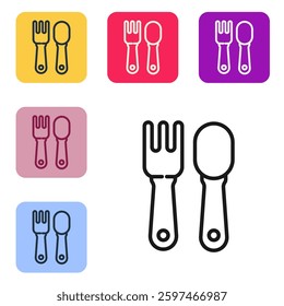 Black line Fork and spoon icon isolated on white background. Cooking utensil. Cutlery sign. Set icons in color square buttons. Vector Illustration