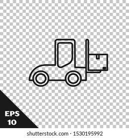 Black line Forklift truck icon isolated on transparent background. Fork loader and cardboard box. Cargo delivery, shipping, transportation.  Vector Illustration