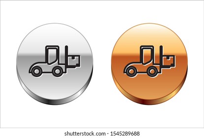 Black line Forklift truck icon isolated on white background. Fork loader and cardboard box. Cargo delivery, shipping, transportation. Silver-gold circle button. Vector Illustration