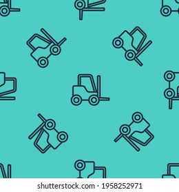Black line Forklift truck icon isolated seamless pattern on green background. Fork loader and cardboard box. Cargo delivery, shipping, transportation.  Vector Illustration