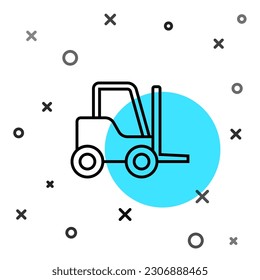 Black line Forklift truck icon isolated on white background. Fork loader and cardboard box. Cargo delivery, shipping, transportation. Random dynamic shapes. Vector Illustration