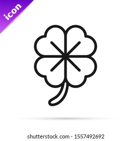 Black line Four leaf clover icon isolated on white background. Happy Saint Patrick day.  Vector Illustration