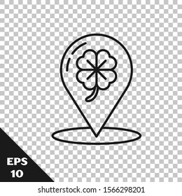 Black line Four leaf clover icon isolated on transparent background. Happy Saint Patrick day.  Vector Illustration
