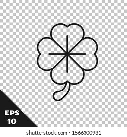 Black line Four leaf clover icon isolated on transparent background. Happy Saint Patrick day.  Vector Illustration